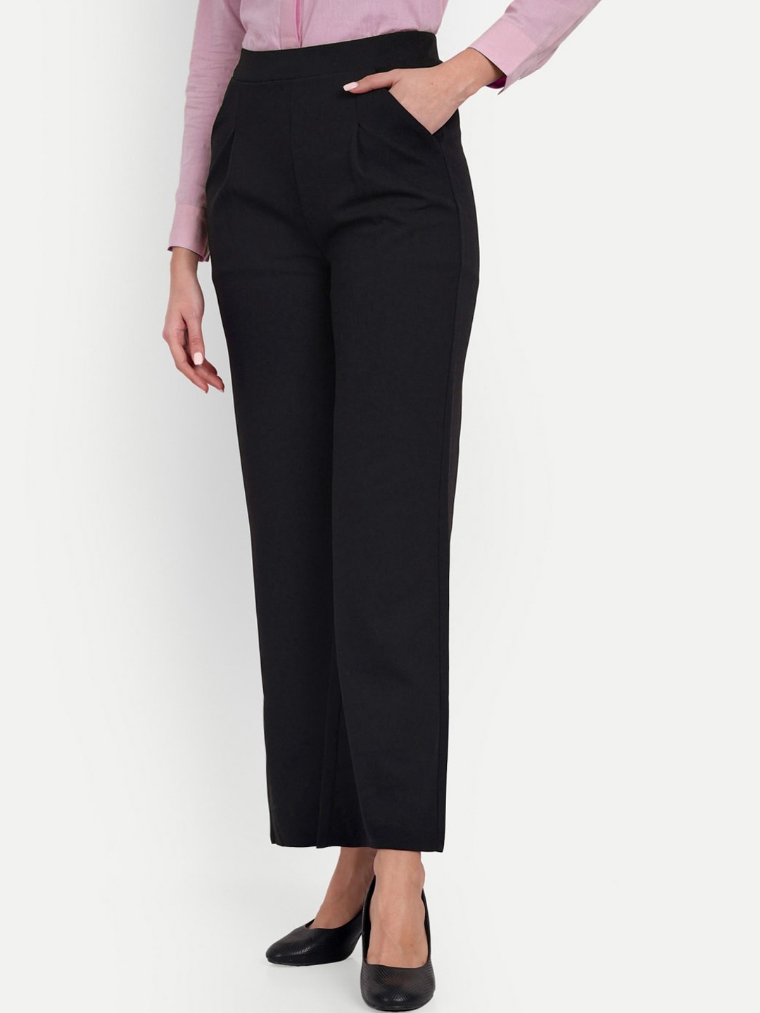 

BROADSTAR Women Tailored Loose Fit High-Rise Easy Wash Pleated Formal Trousers, Black