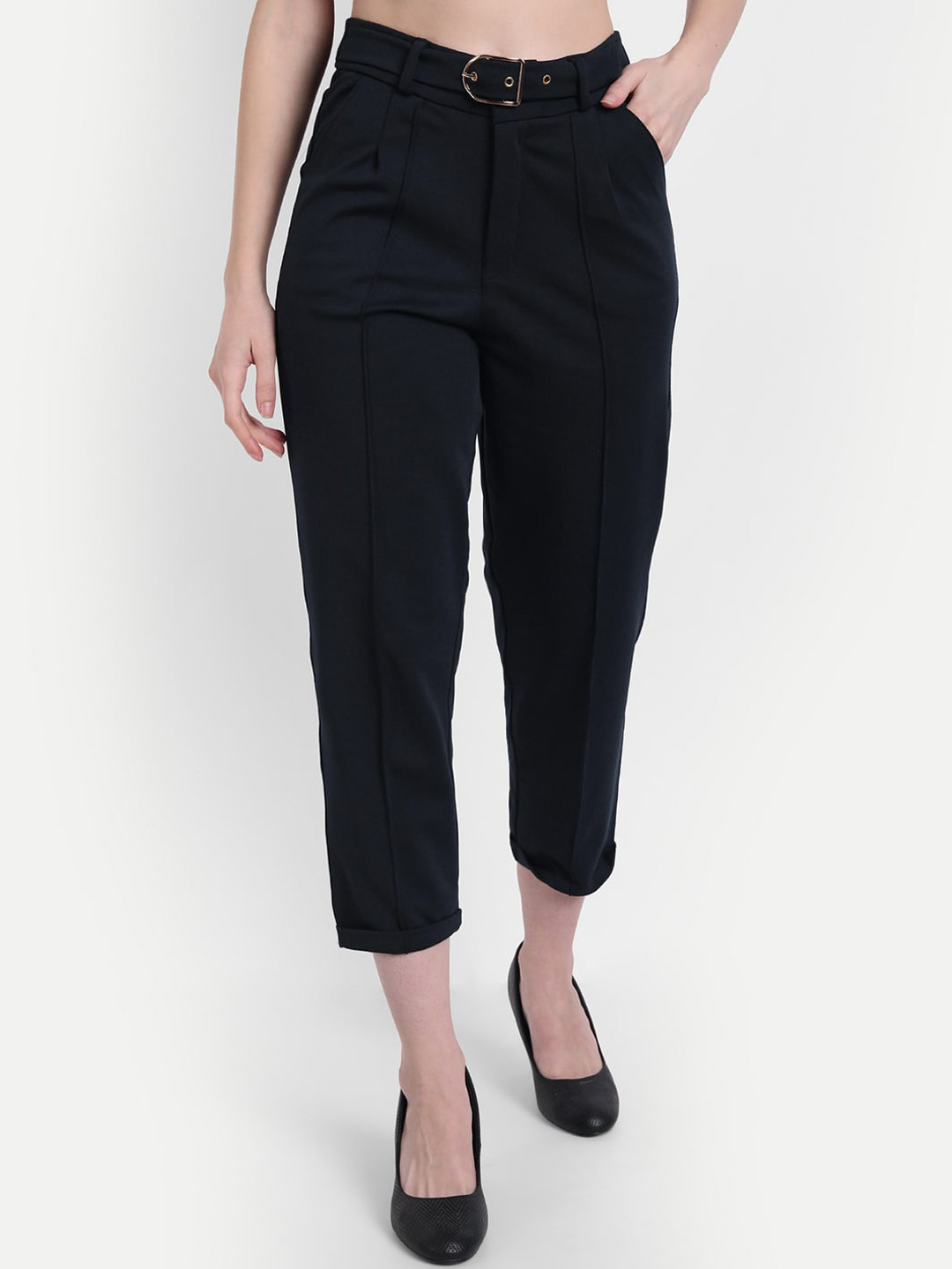 

BROADSTAR Women Smart Straight Fit High-Rise Easy Wash Trousers, Navy blue