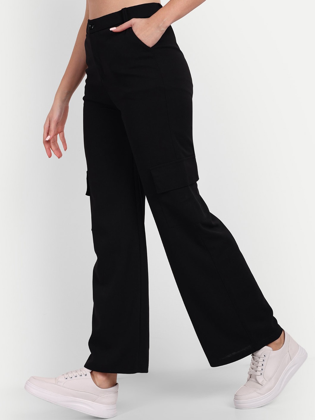 

BROADSTAR Women High-Rise Smart Straight fit Cargo Trousers, Black