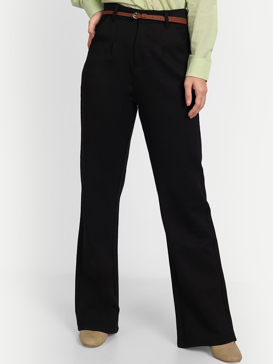 

BROADSTAR Women Relaxed Straight Leg Loose Fit High-Rise Easy Wash Pleated Formal Trousers, Black