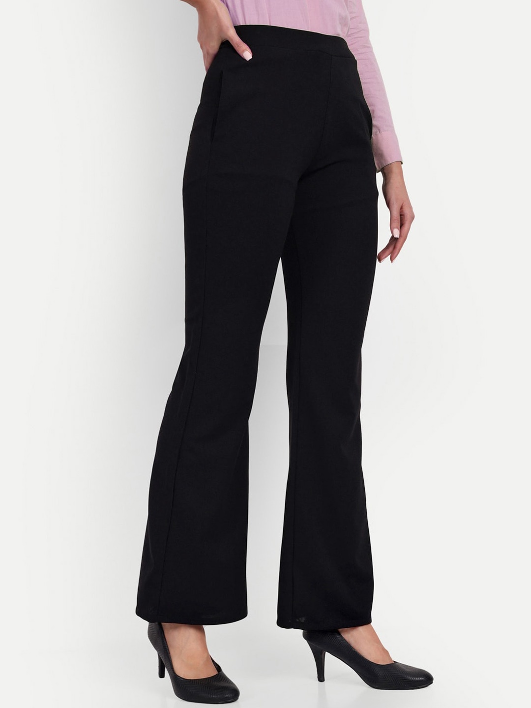 

BROADSTAR Women Non Iron Relaxed Flared High-Rise Bootcut Formal Trousers, Black