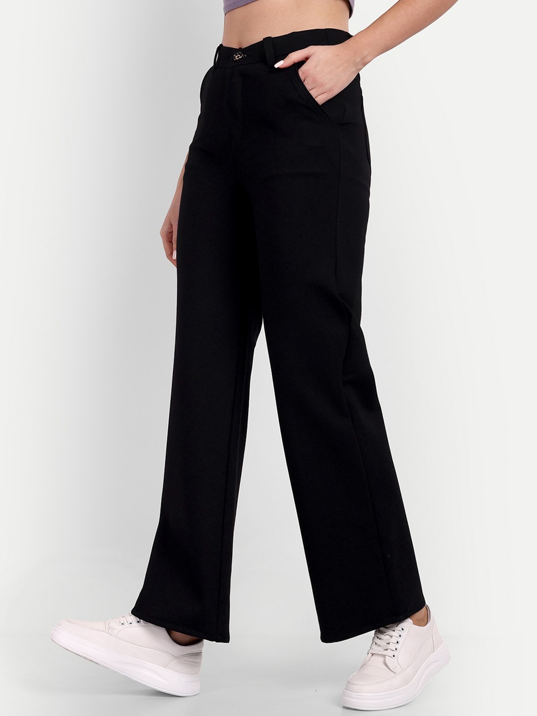 

BROADSTAR Women High-Rise Relaxed Straight Leg Parallel Trousers, Black