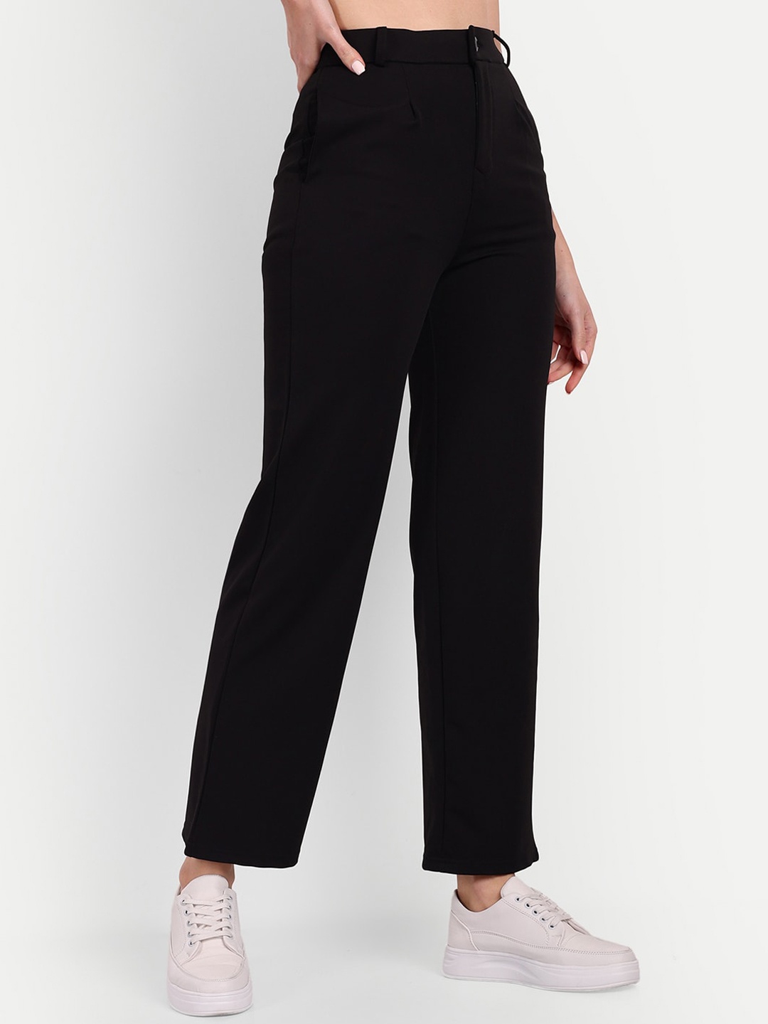 

BROADSTAR Women Tailored Straight Fit High-Rise Easy Wash Trousers, Black