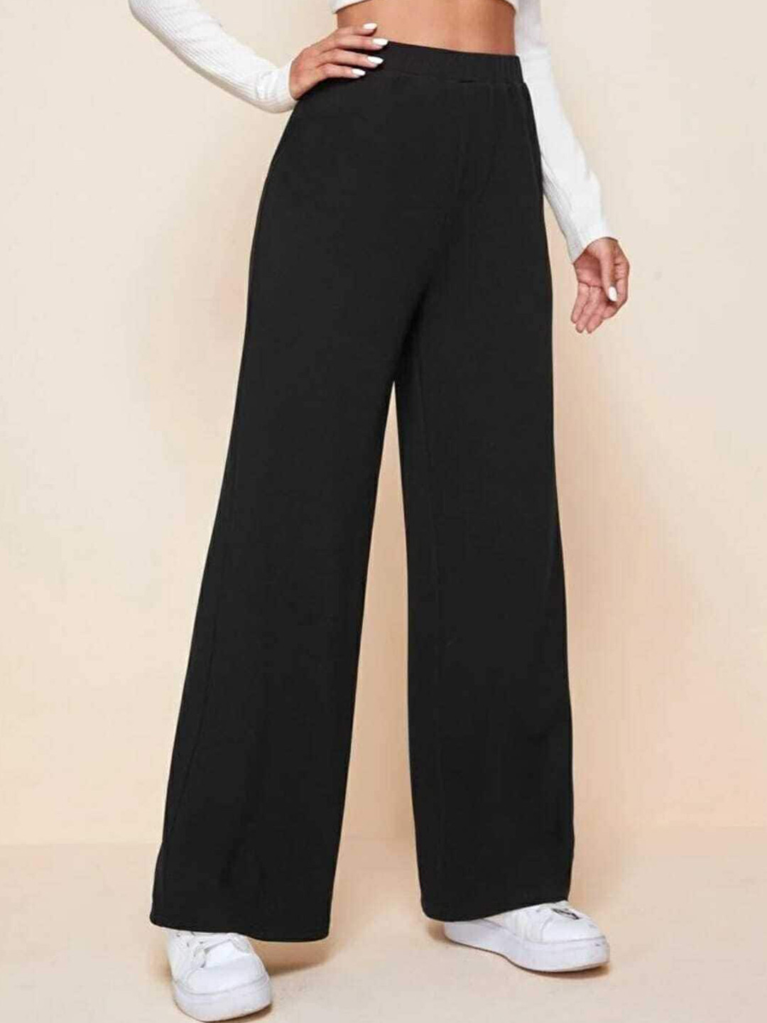 

BROADSTAR Women Relaxed Straight Leg Loose Fit High-Rise Easy Wash Parallel Trousers, Black
