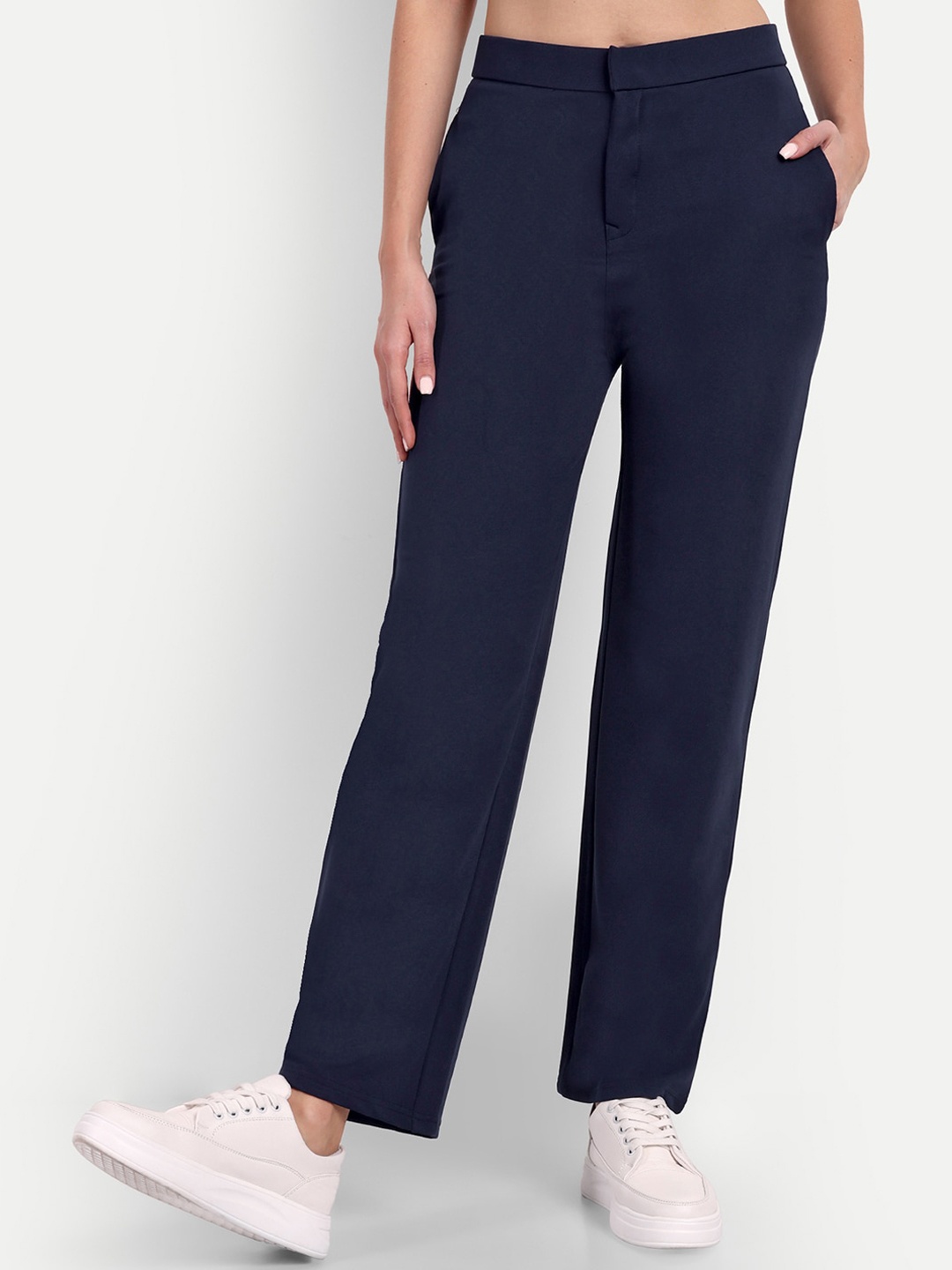 

BROADSTAR Women Classic Straight Fit High-Rise Easy Wash Trousers, Navy blue