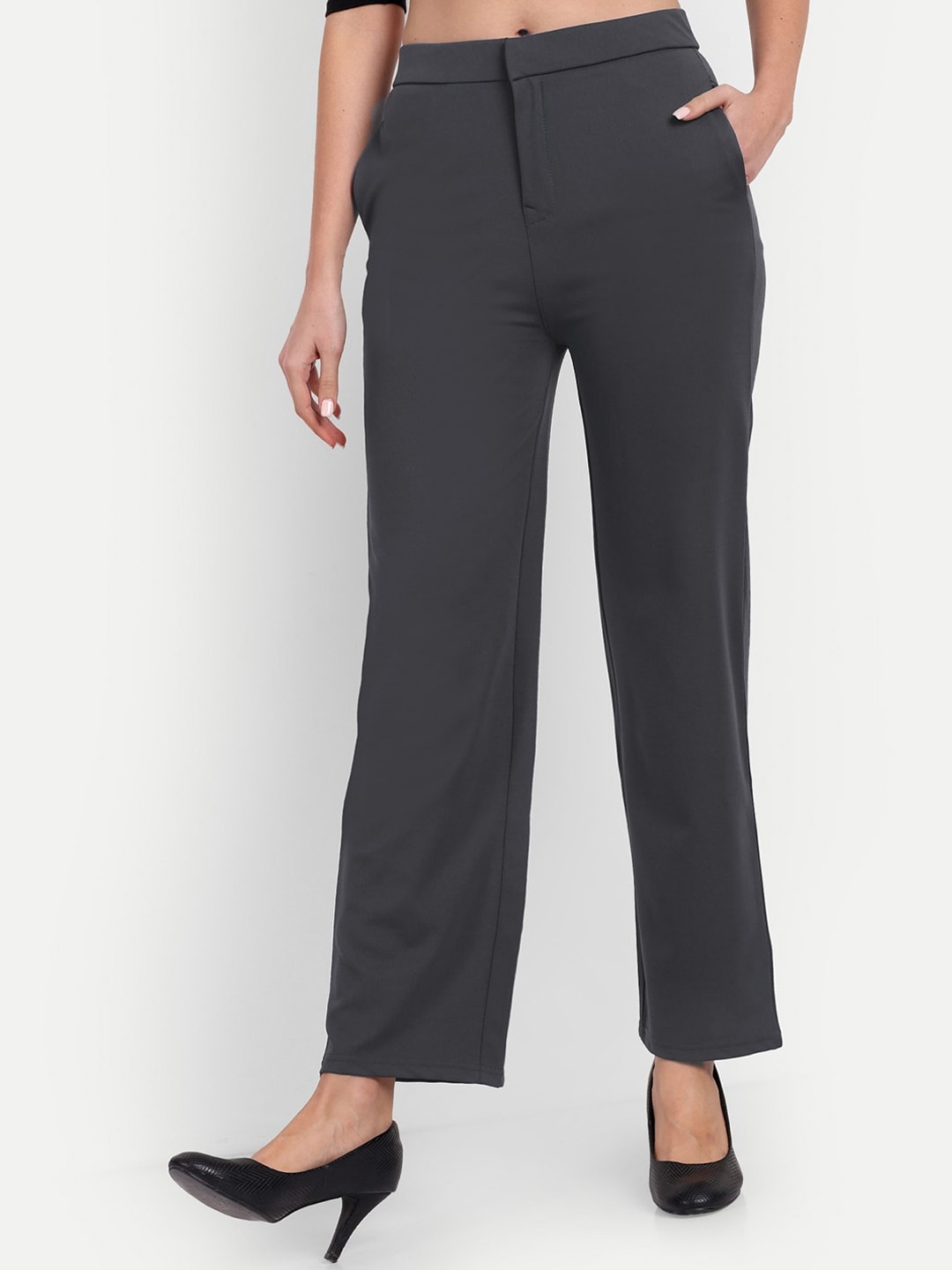 

BROADSTAR Women Relaxed Straight Leg High-Rise Trousers, Grey