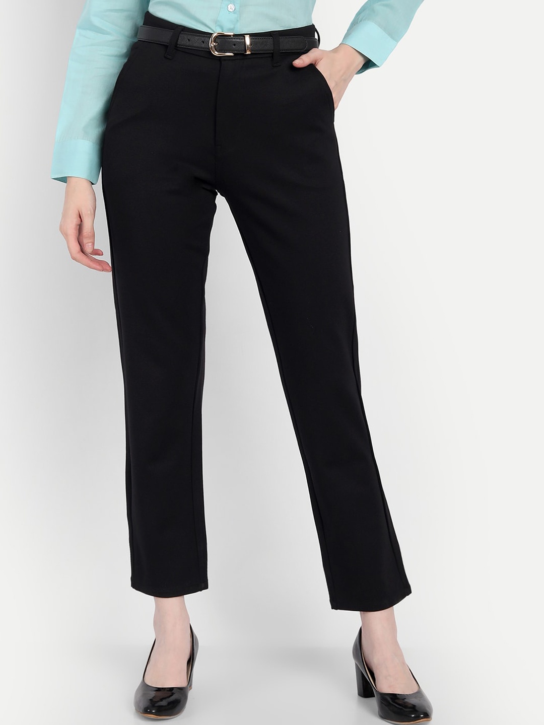 

BROADSTAR Women Smart Loose Fit High-Rise Easy Wash Trousers, Black
