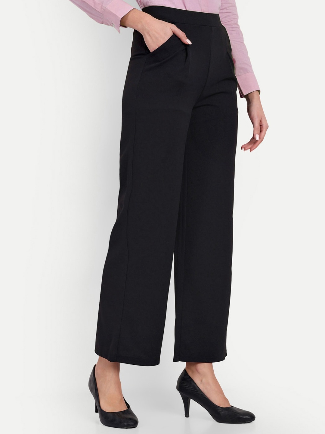 

BROADSTAR Women Tailored Loose Fit High-Rise Easy Wash Formal Trousers, Black