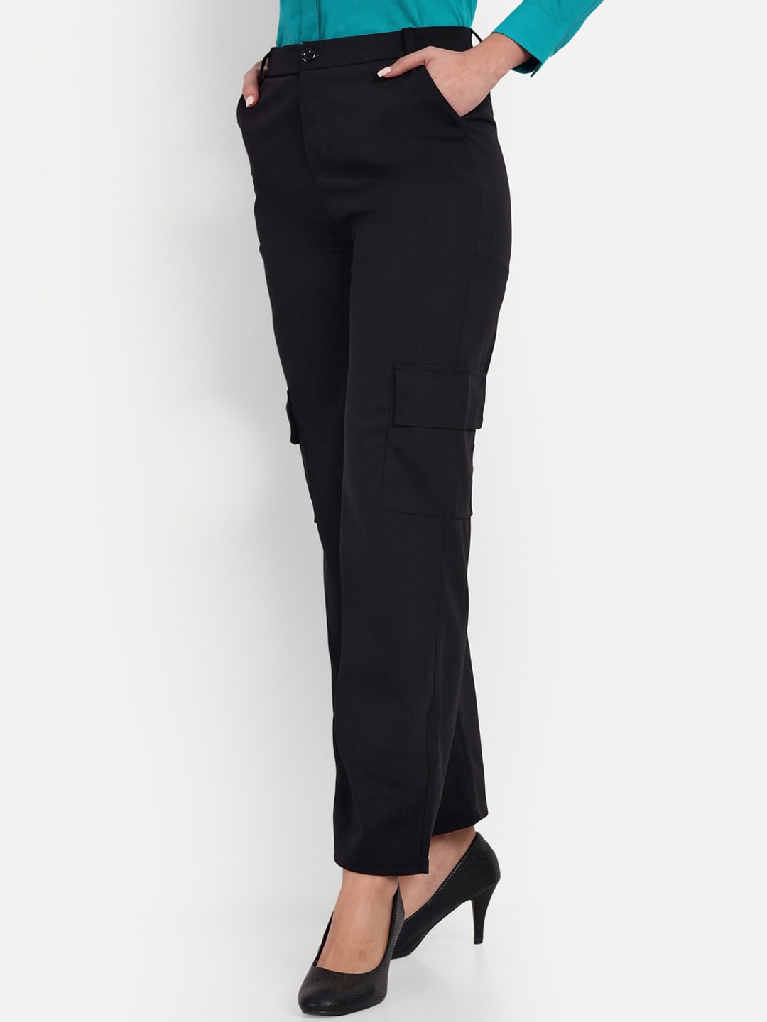 

BROADSTAR Women Relaxed Loose Fit High-Rise Easy Wash Cargo Trousers, Black