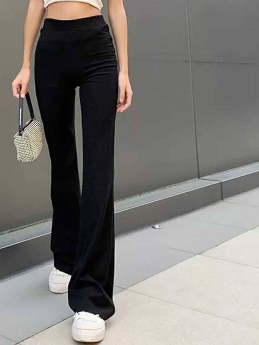 

BROADSTAR Women Relaxed Straight Leg Flared High-Rise Easy Wash Bootcut Trousers, Black
