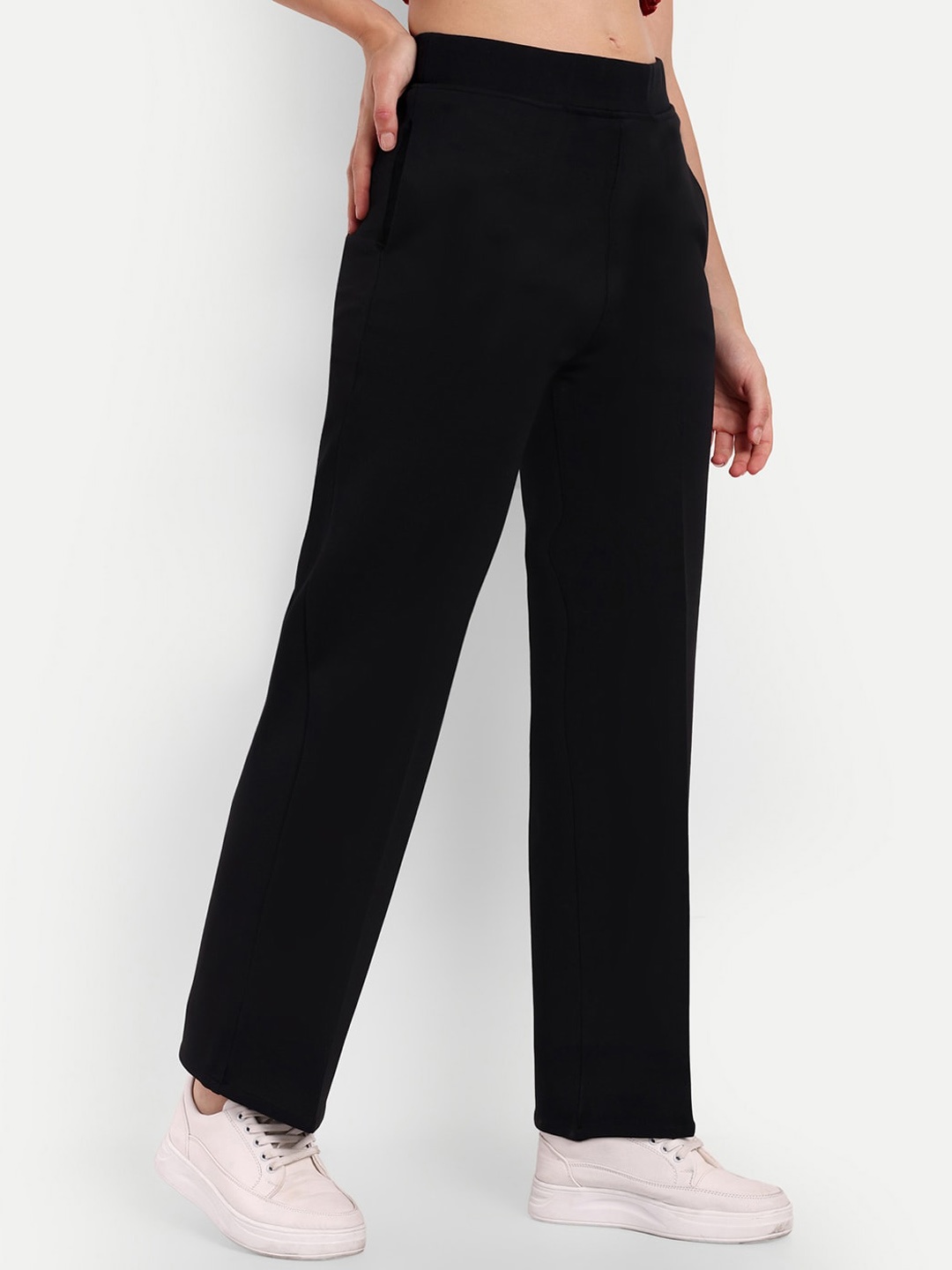 

BROADSTAR Women High-Rise Relaxed Straight Regular Trousers, Black