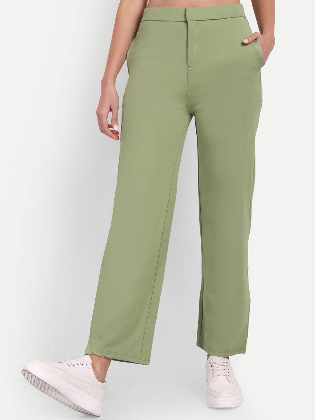 

BROADSTAR Women Relaxed Straight Leg Straight Fit High-Rise Easy Wash Trousers, Green