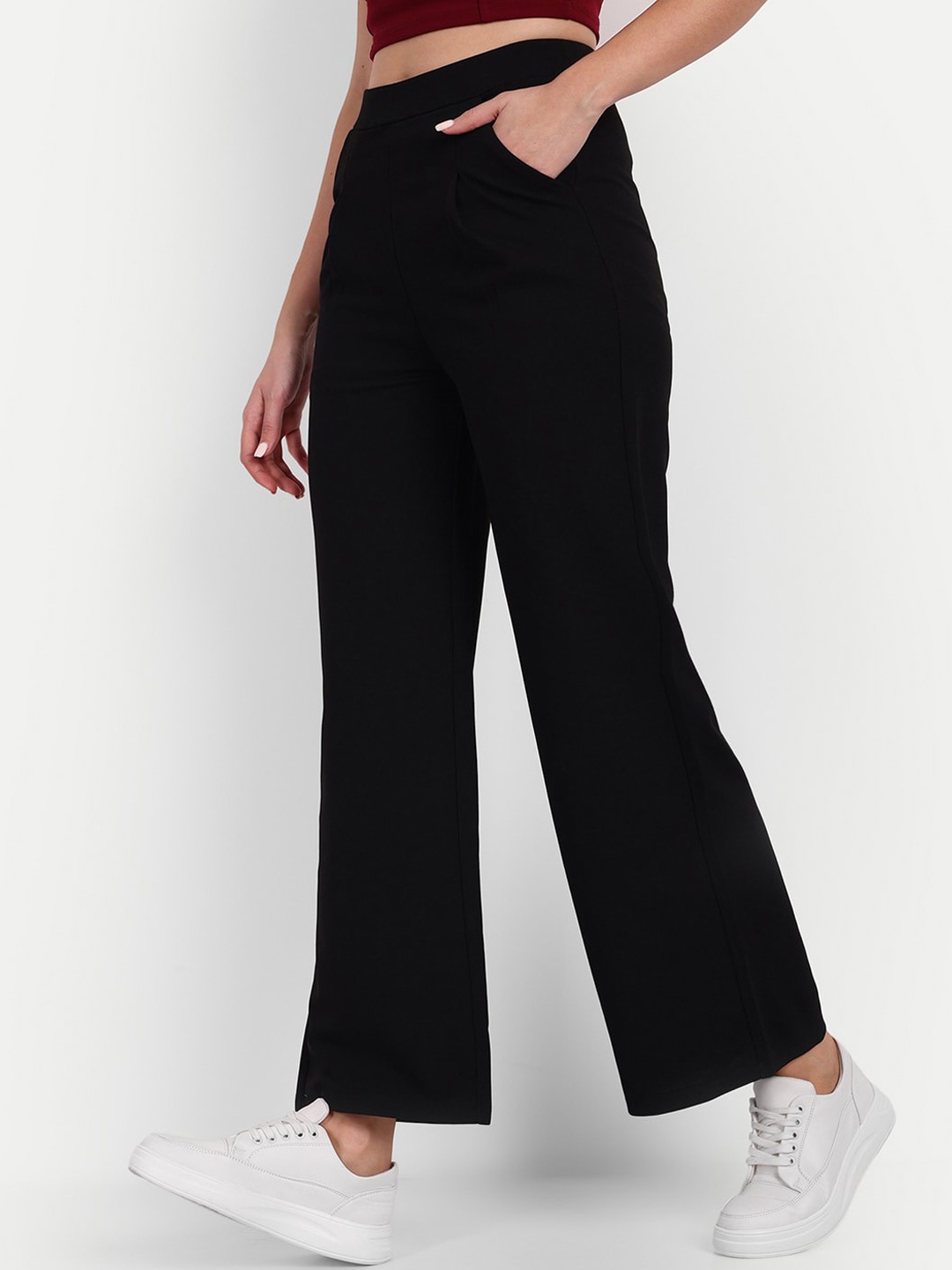 

BROADSTAR Women Tailored Loose Fit High-Rise Easy Wash Parallel Trousers, Black
