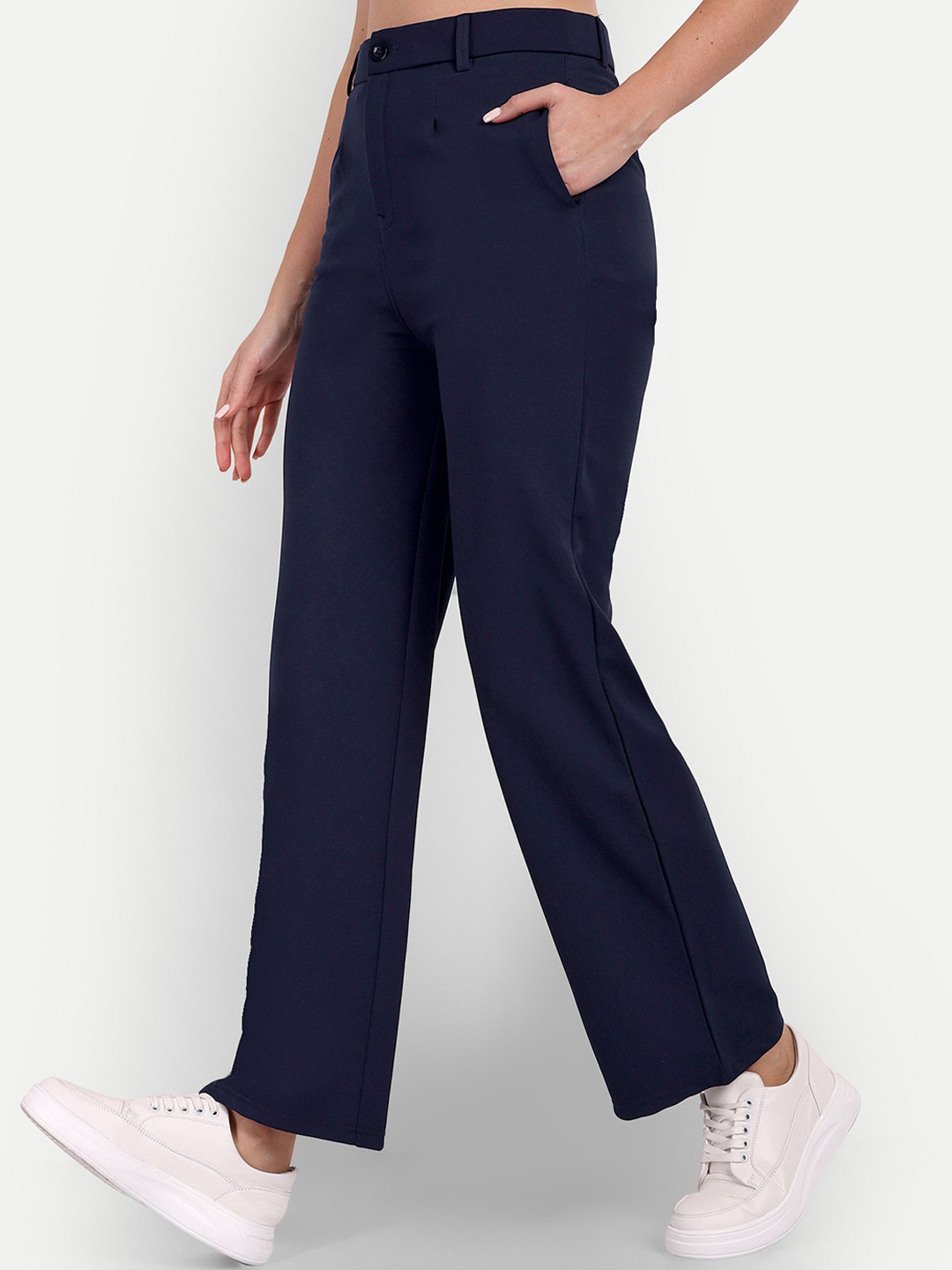 

BROADSTAR Women Tailored Straight Fit High-Rise Easy Wash Trousers, Navy blue