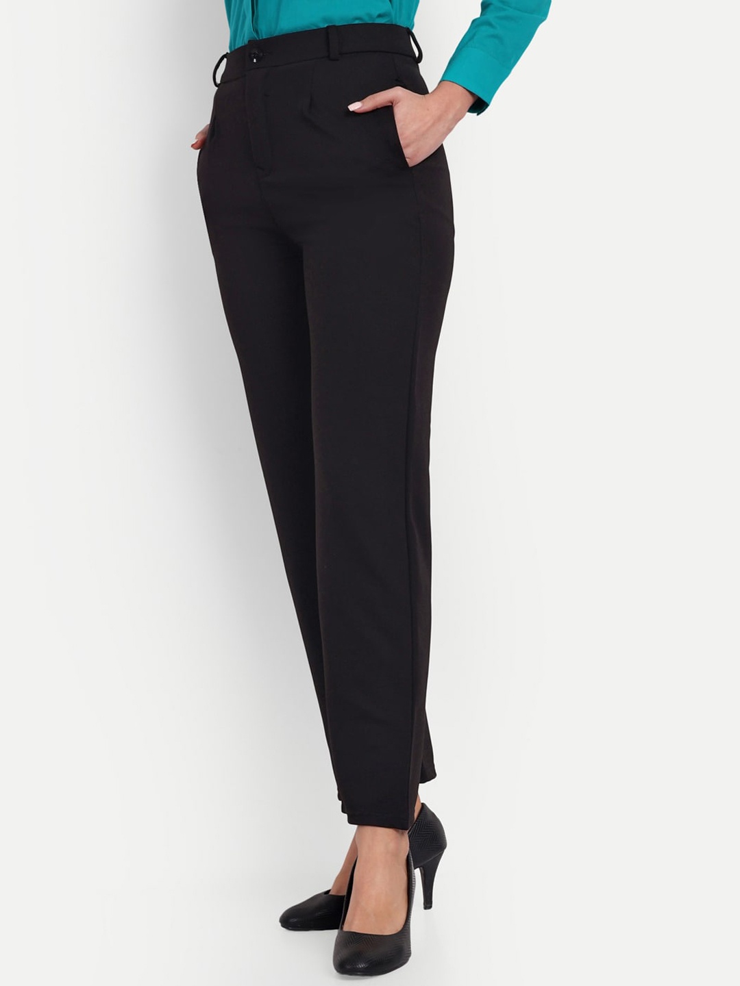 

BROADSTAR Women Tailored Straight Fit High-Rise Easy Wash Formal Trousers, Black