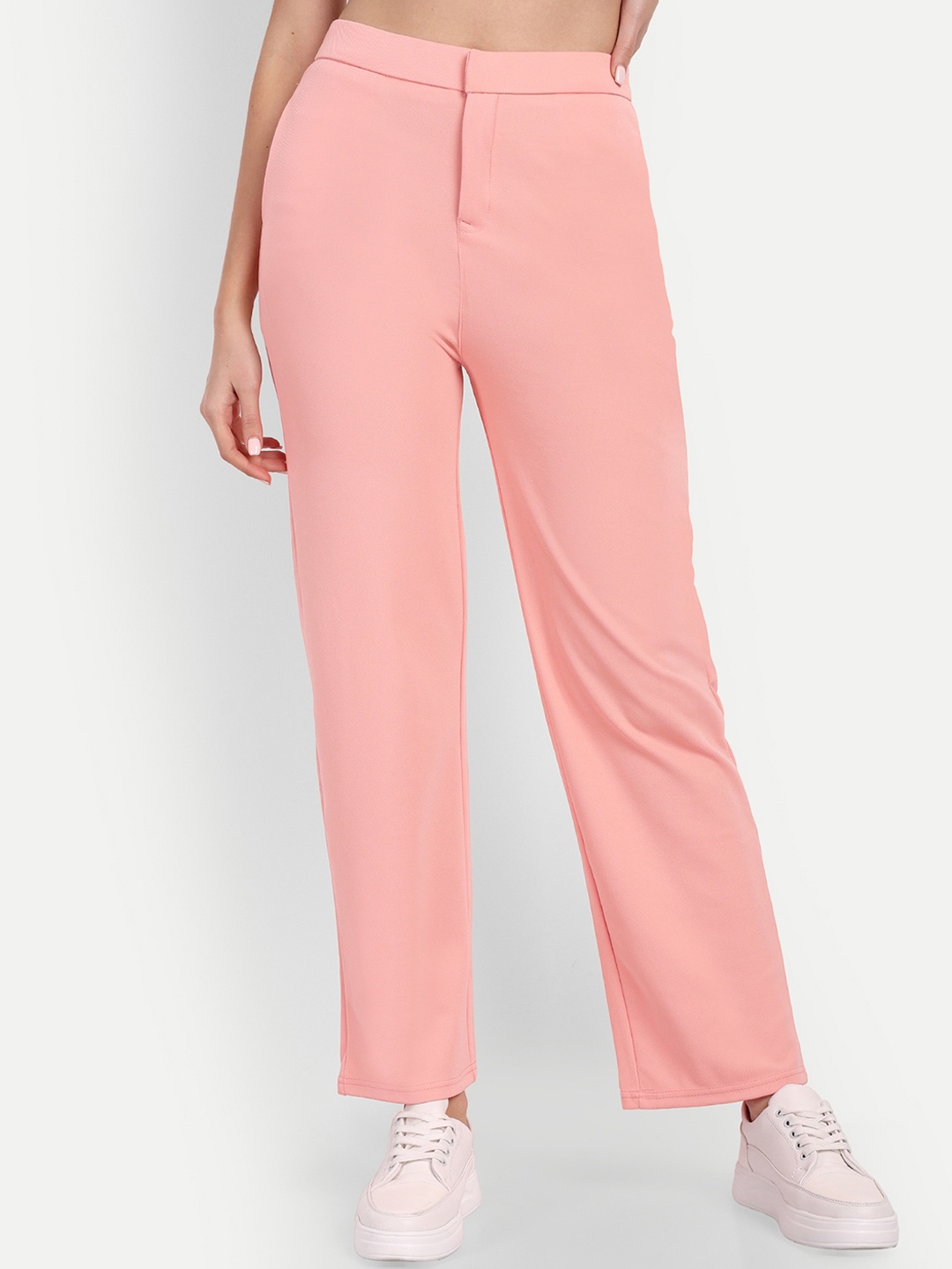 

BROADSTAR Women Relaxed Straight Leg Straight Fit High-Rise Stretchable Easy Wash Trousers, Pink