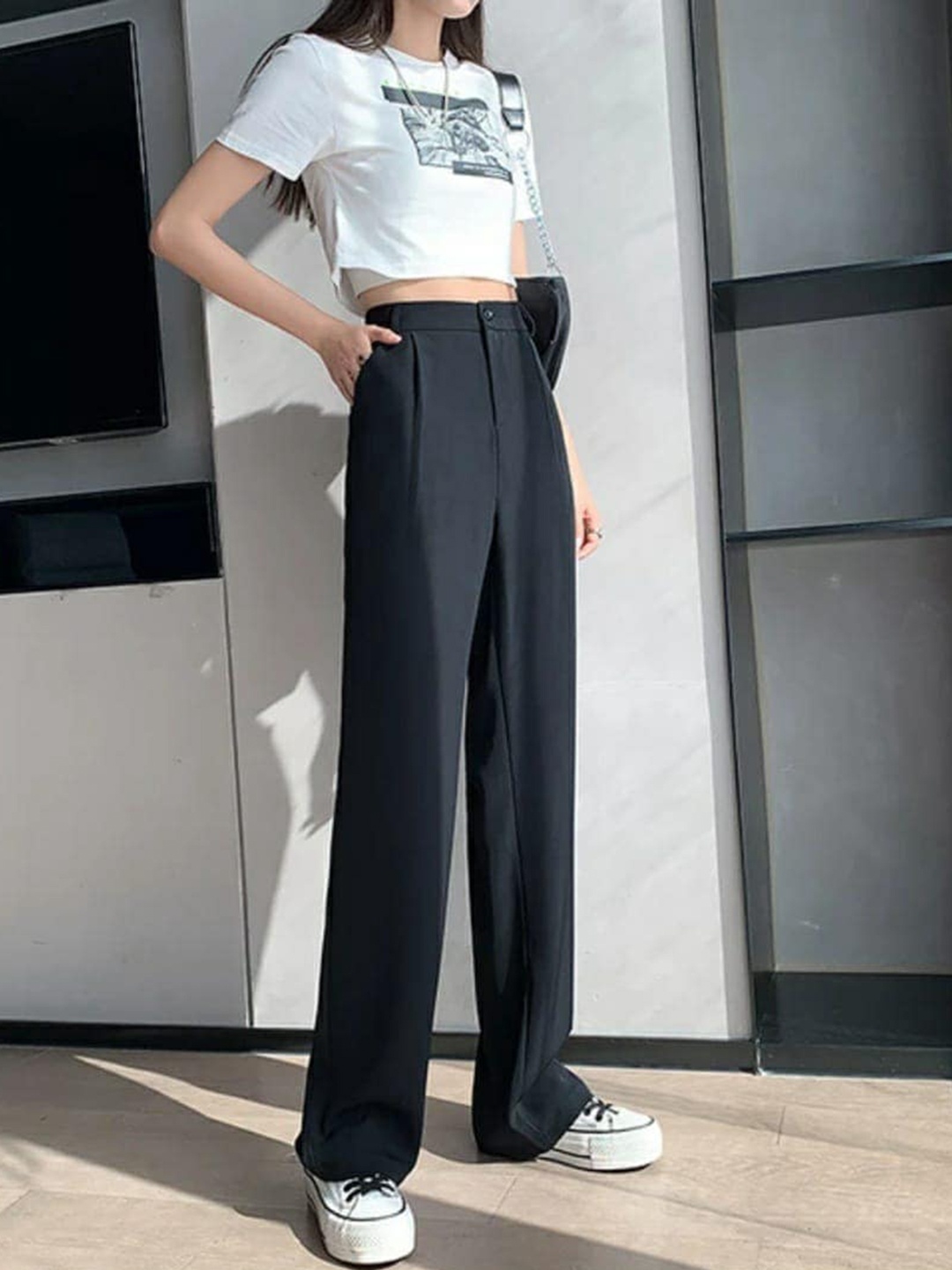 

BROADSTAR Women Relaxed Straight Leg Loose Fit High-Rise Wide Leg Trousers, Black