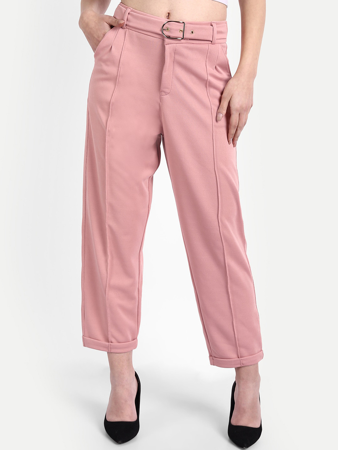 

BROADSTAR Women Relaxed Straight Leg Loose Fit High-Rise Easy Wash Trousers, Pink