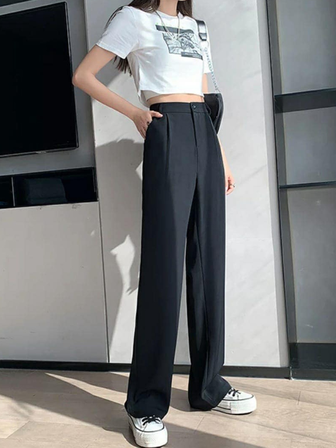 

BROADSTAR Women Pleated Korean Pants, Black