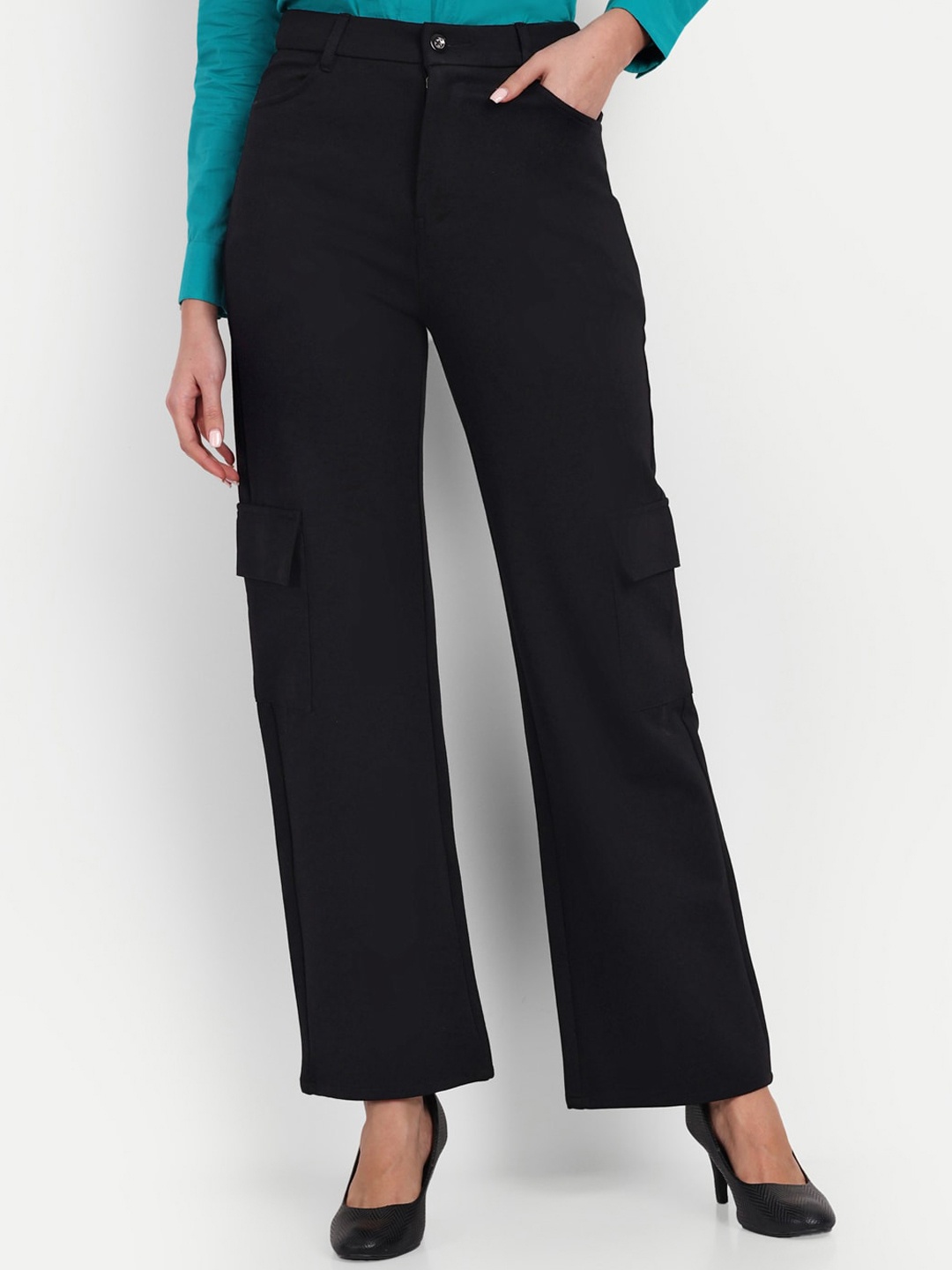 

BROADSTAR Women Smart Loose Fit High-Rise Easy Wash Cargos Trousers, Black