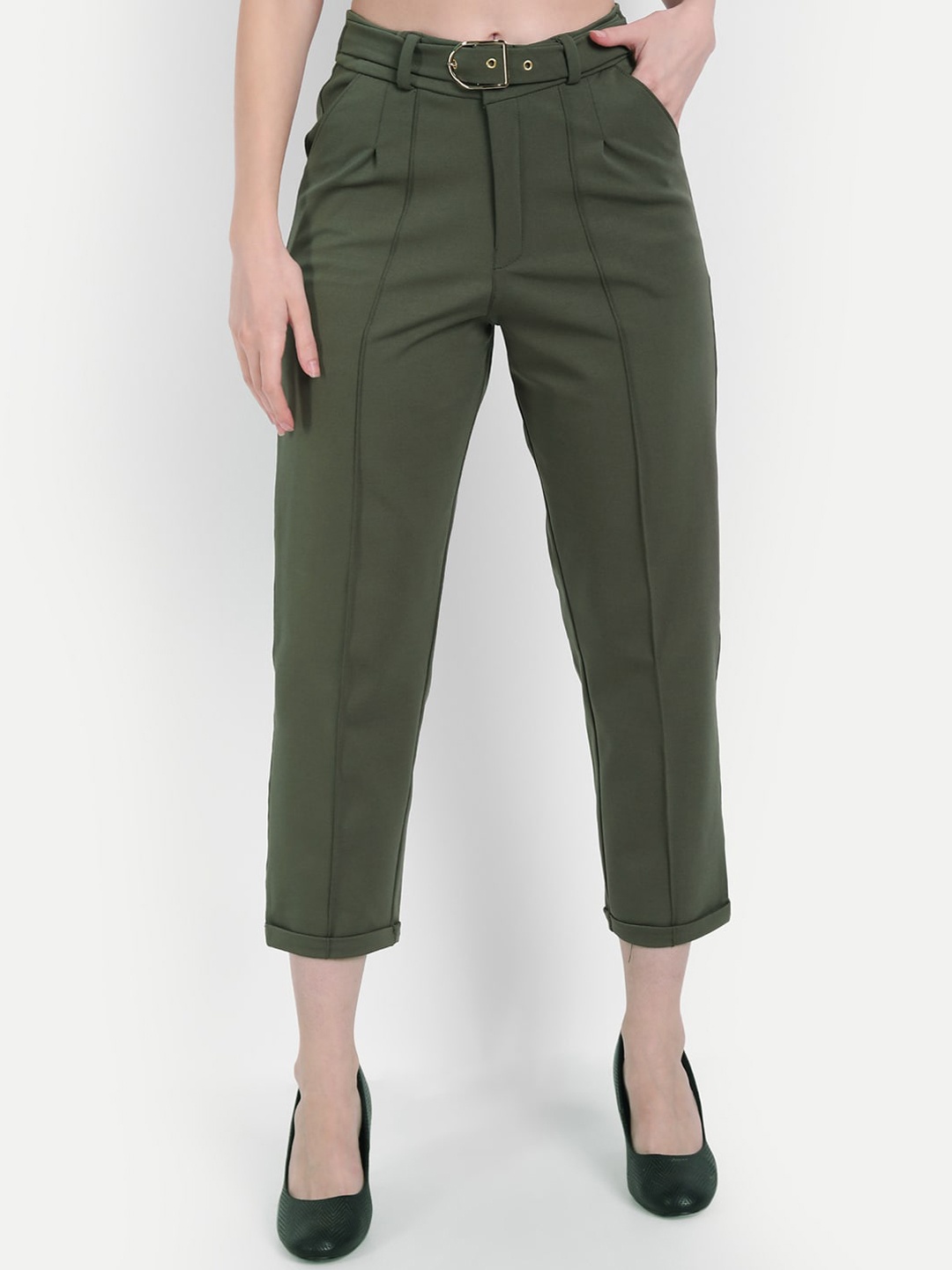 

BROADSTAR Women Smart High-Rise Easy Wash Straight Fit Cropped Trousers, Green