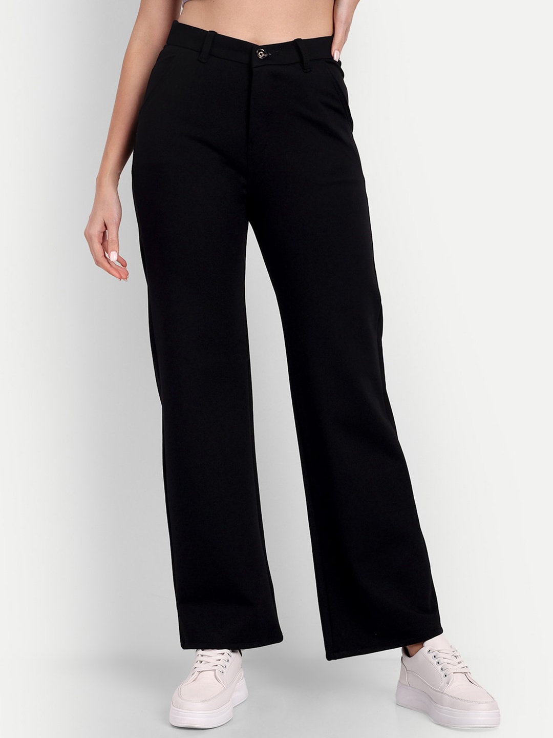 

BROADSTAR Women Relaxed Straight Leg Loose Fit High-Rise Stretchable Parallel Trousers, Black