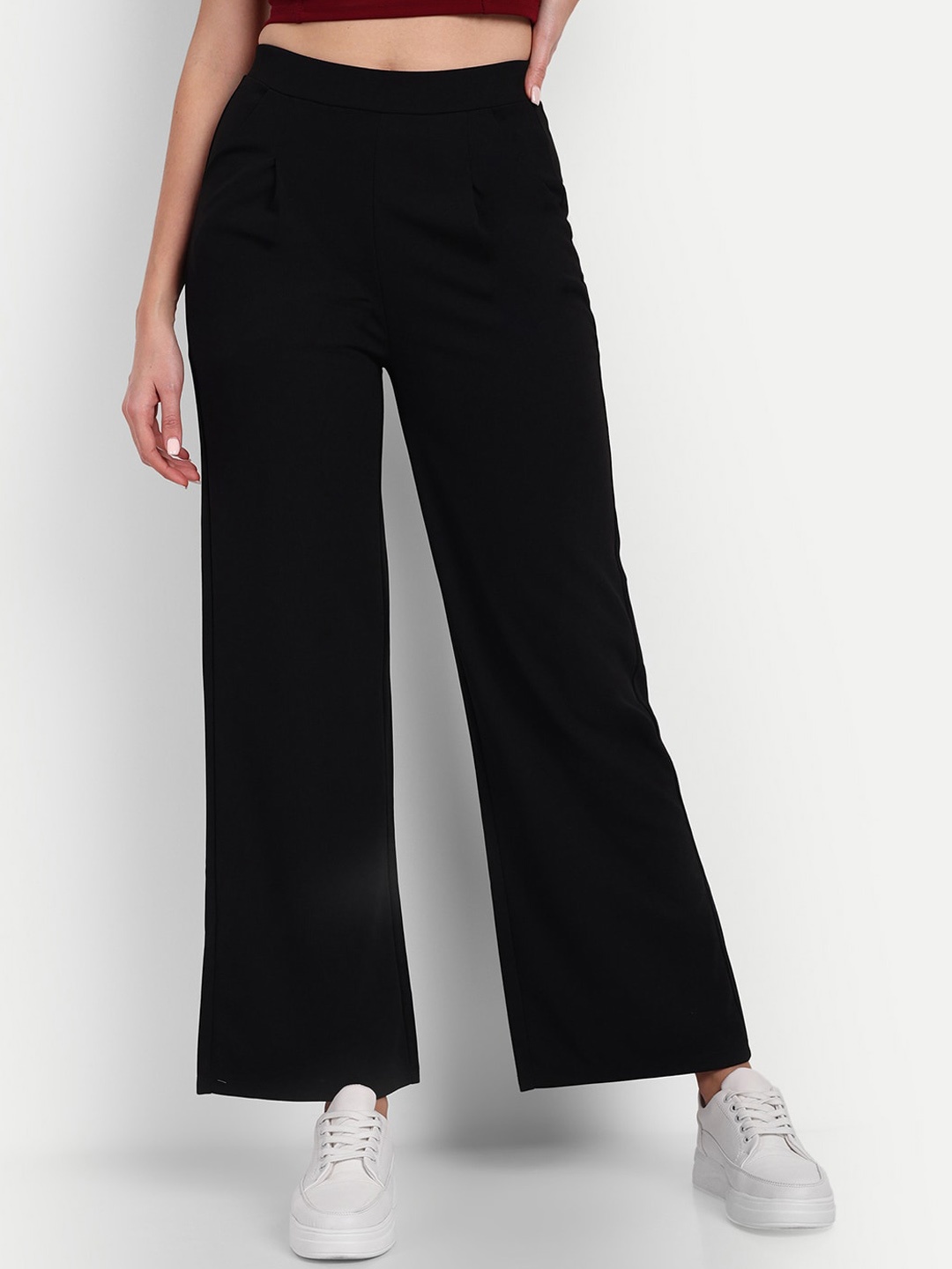 

BROADSTAR Women Tailored Loose Fit High-Rise Easy Wash Parallel Trousers, Black