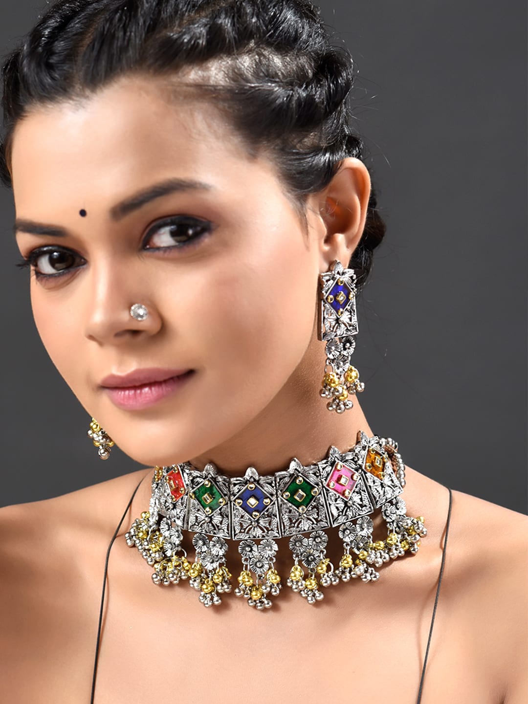 

phuljhadi Silver-Plated Stone-Studded Jewellery Set