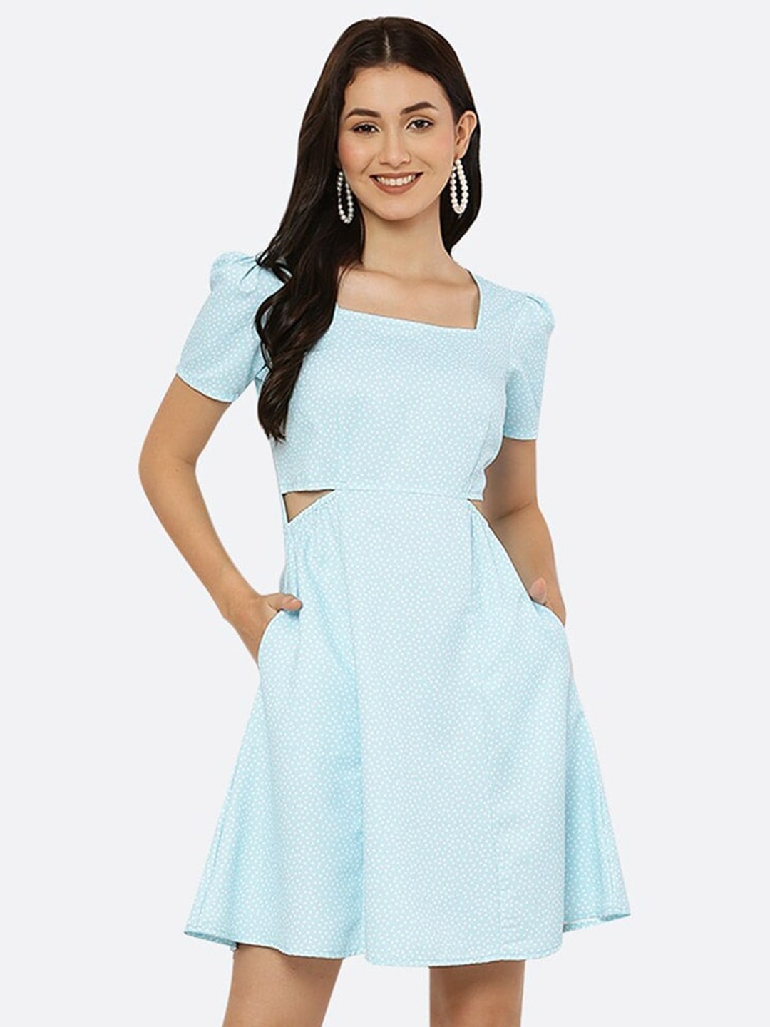 

BAESD Polka Dots Printed Puffed Sleeves Fit & Flare Dress, Blue