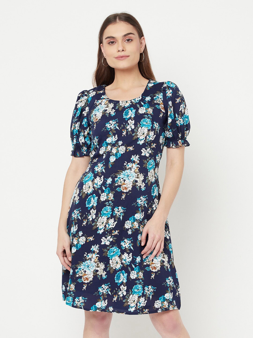 

BAESD Floral Printed Puffed Sleeves A-Line Dress, Navy blue