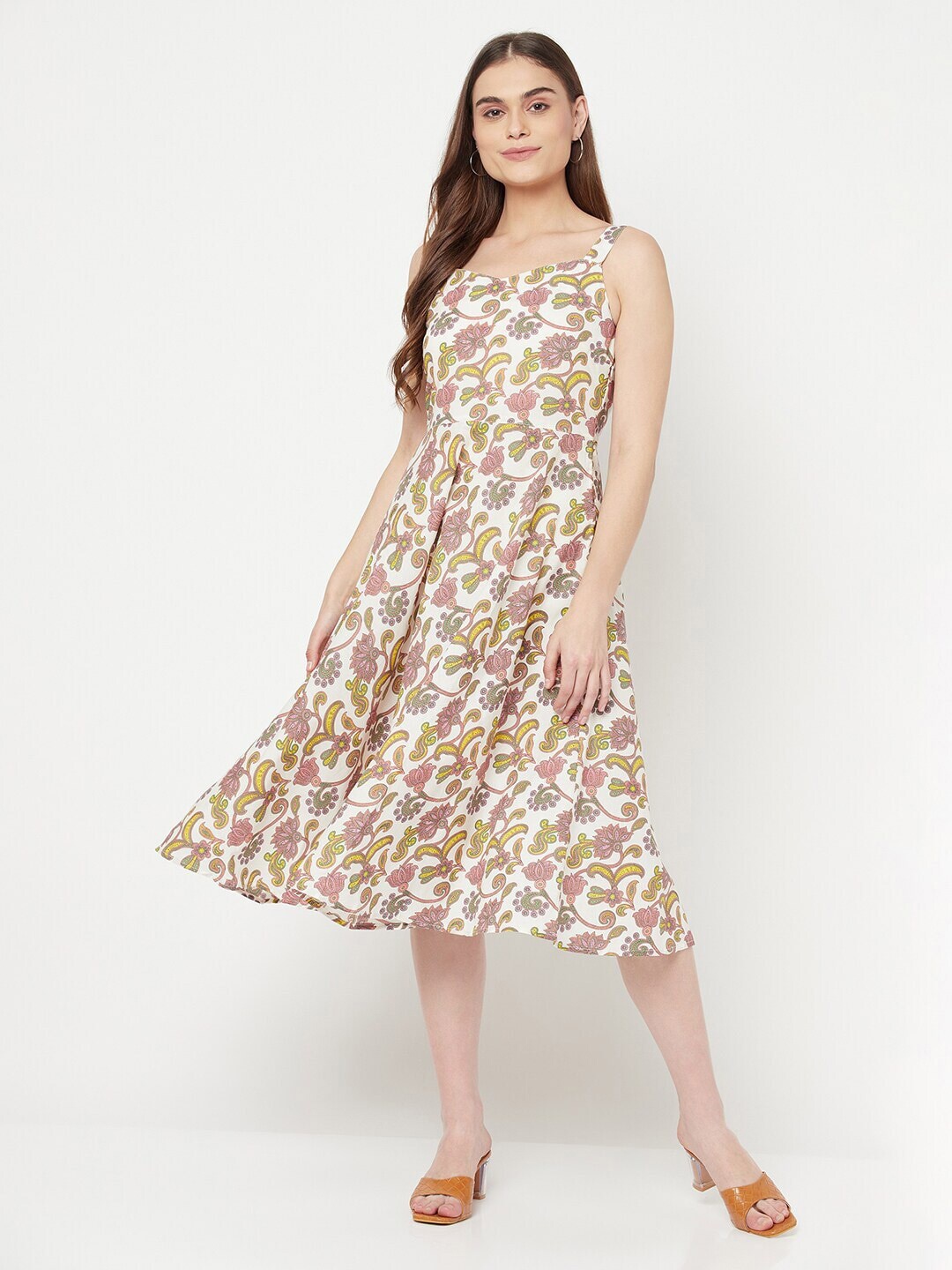 

BAESD Floral Printed Shoulder Straps Fit & Flare Midi Dress, White