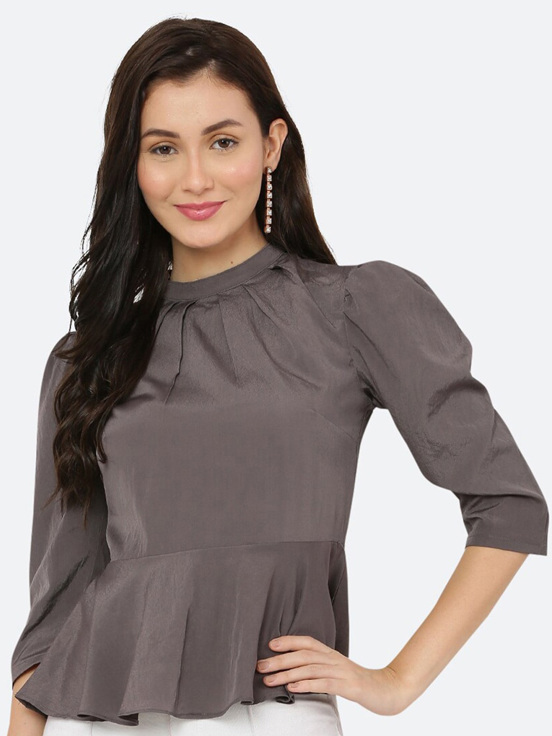 

BAESD Puff Sleeves Peplum Top, Grey