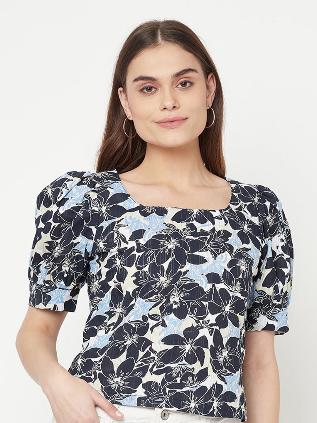 

BAESD Floral Printed Puff Sleeves Cotton Top, Navy blue