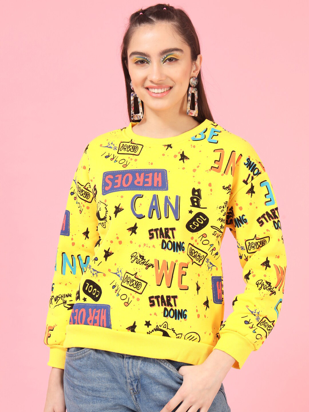 

BAESD Typography Printed Fleece Sweatshirt, Yellow