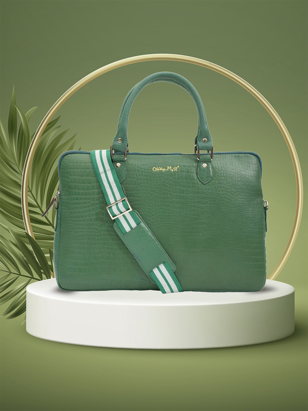 

OLIVE MIST Unisex Textured Leather Laptop Bag, Green