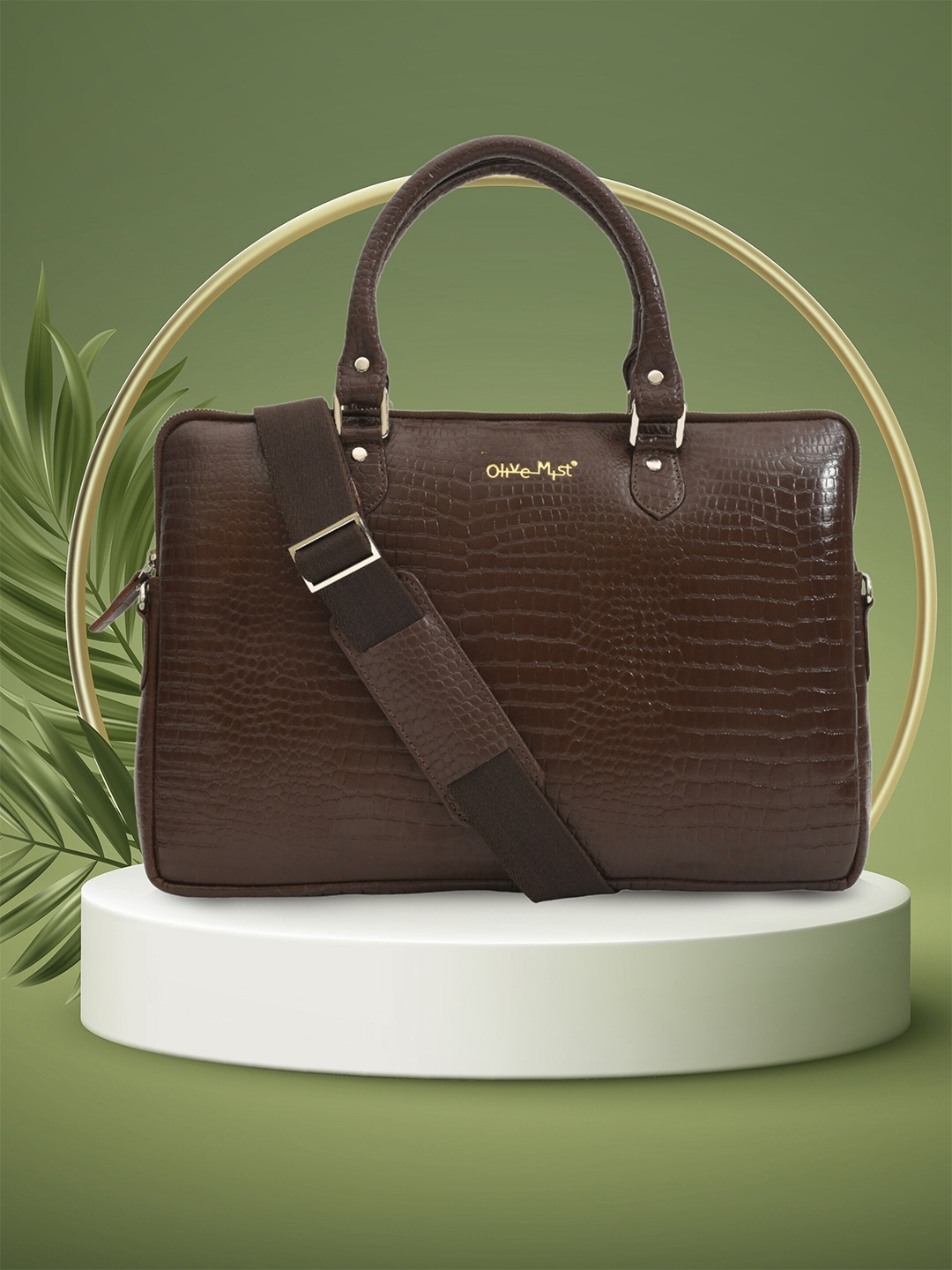 

OLIVE MIST Unisex Textured Leather Laptop Bag, Brown