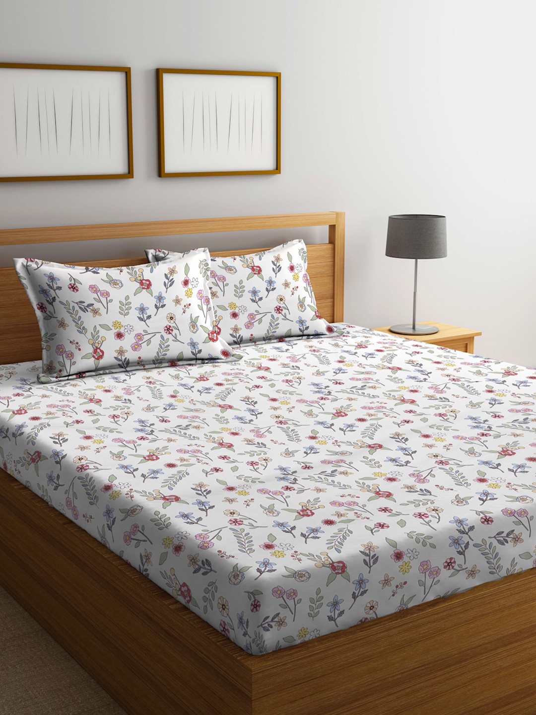 

FABINALIV White & Pink Floral Print 300 TC Fitted King Bedsheet & 2 Pillow Covers