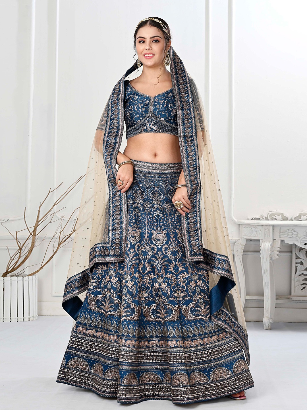 

SAPTRANGI Printed Beads and Stones Ready to Wear Lehenga & Blouse With Dupatta, Blue