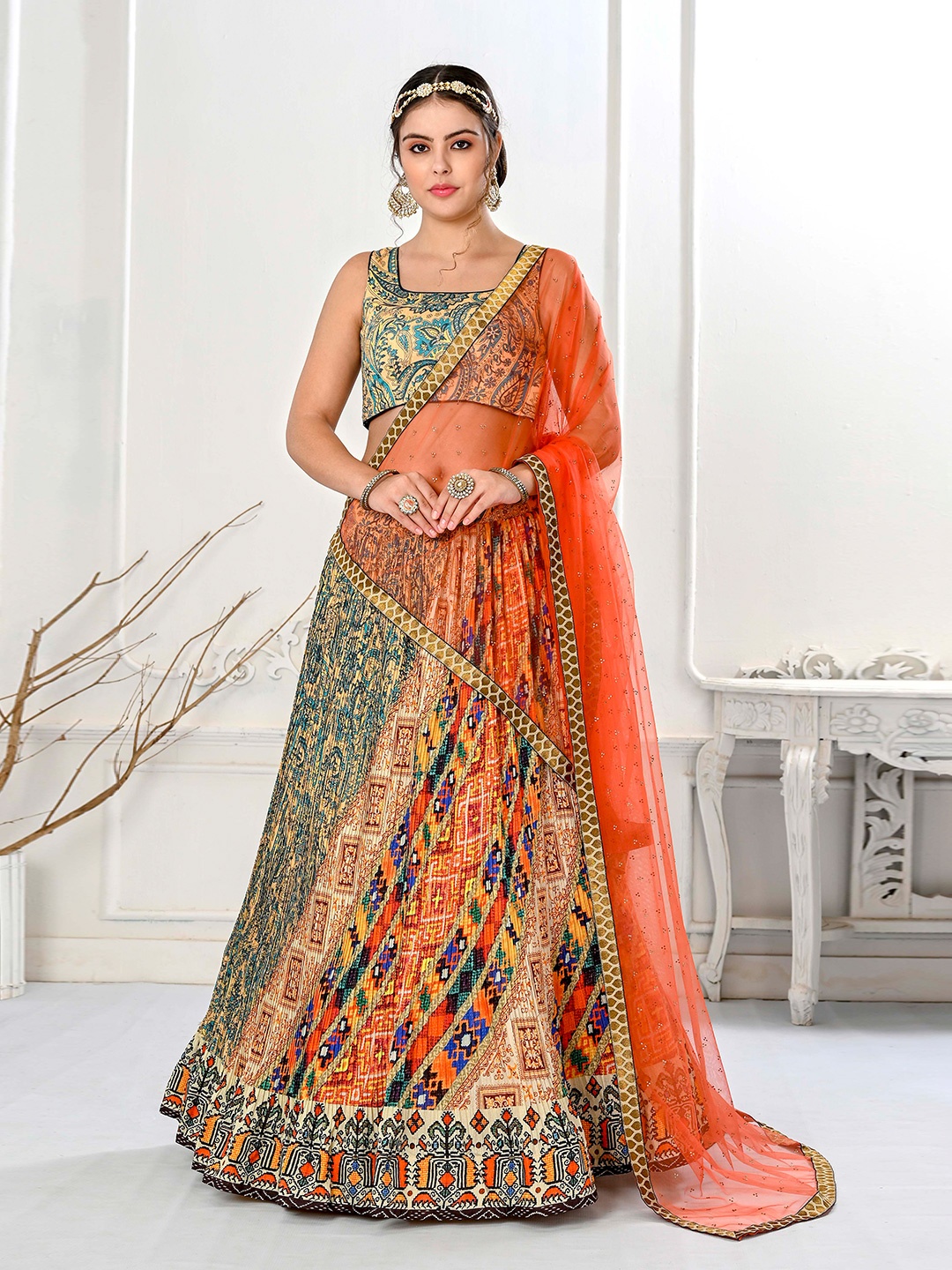 

SAPTRANGI Printed Ready to Wear Lehenga & Blouse With Dupatta, Orange