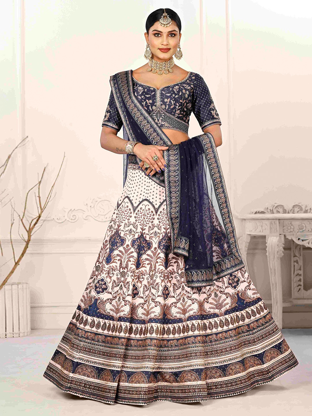 

SAPTRANGI Embellished Ready to Wear Lehenga & Blouse With Dupatta, Blue
