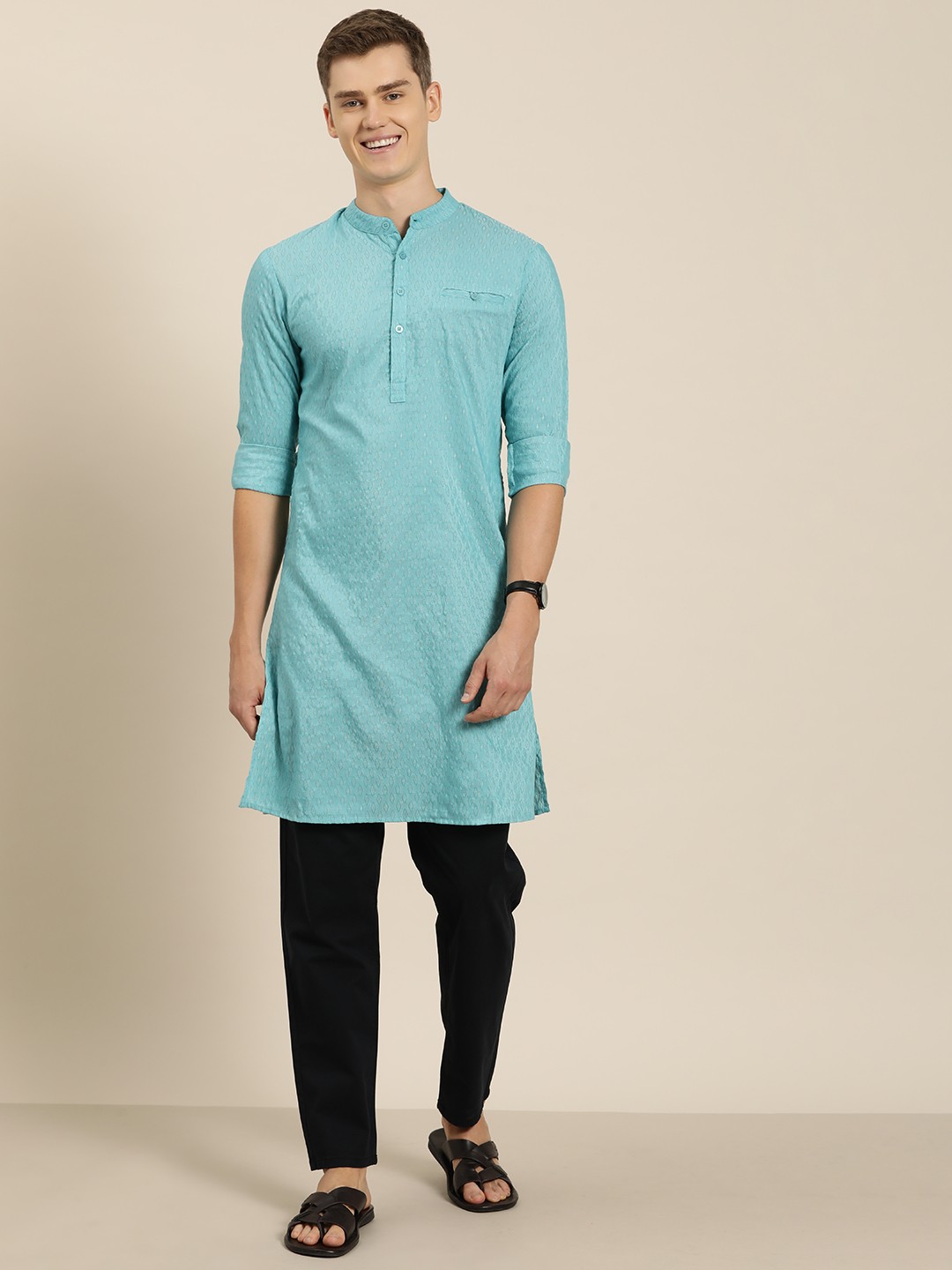 

HERE&NOW Men Woven Design Mandarin Collar Kurta, Blue