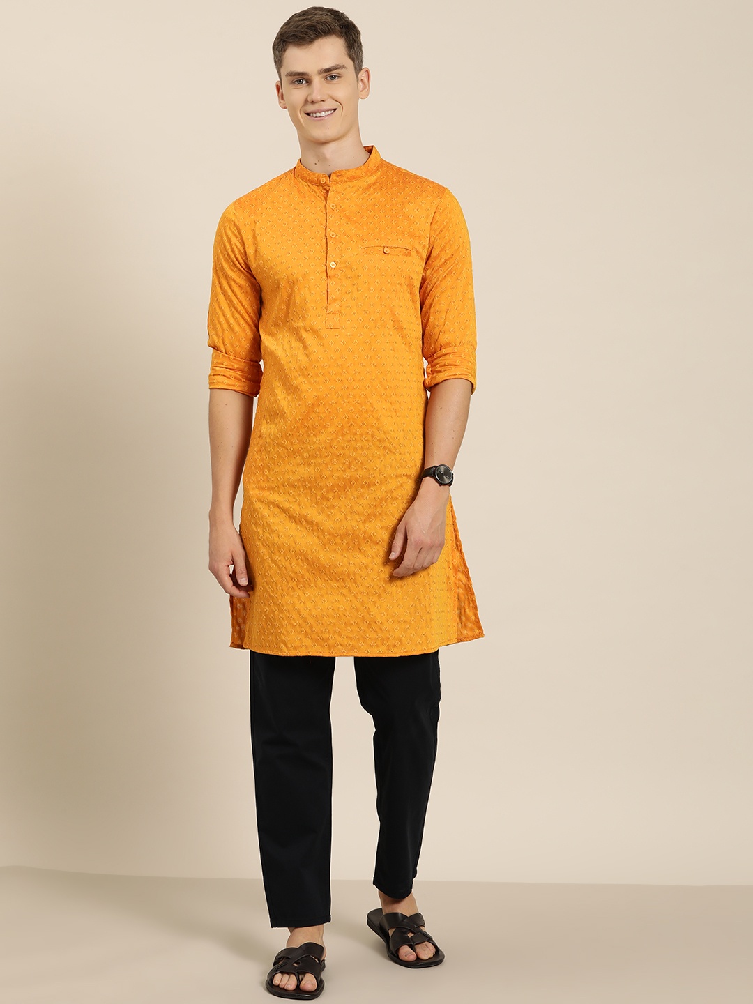 

HERE&NOW Men Woven Design Mandarin Collar Kurta, Mustard