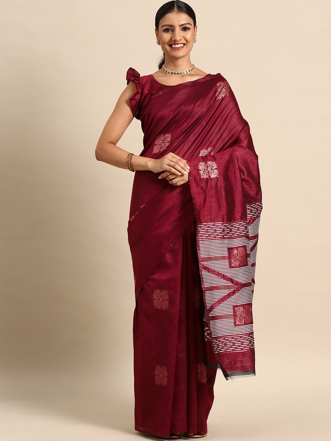

Mitera Ethnic Motifs Zari Jamdani Saree, Maroon