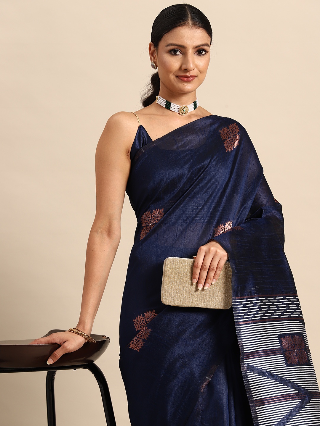 

Mitera Ethnic Motifs Zari Jamdani Saree, Navy blue