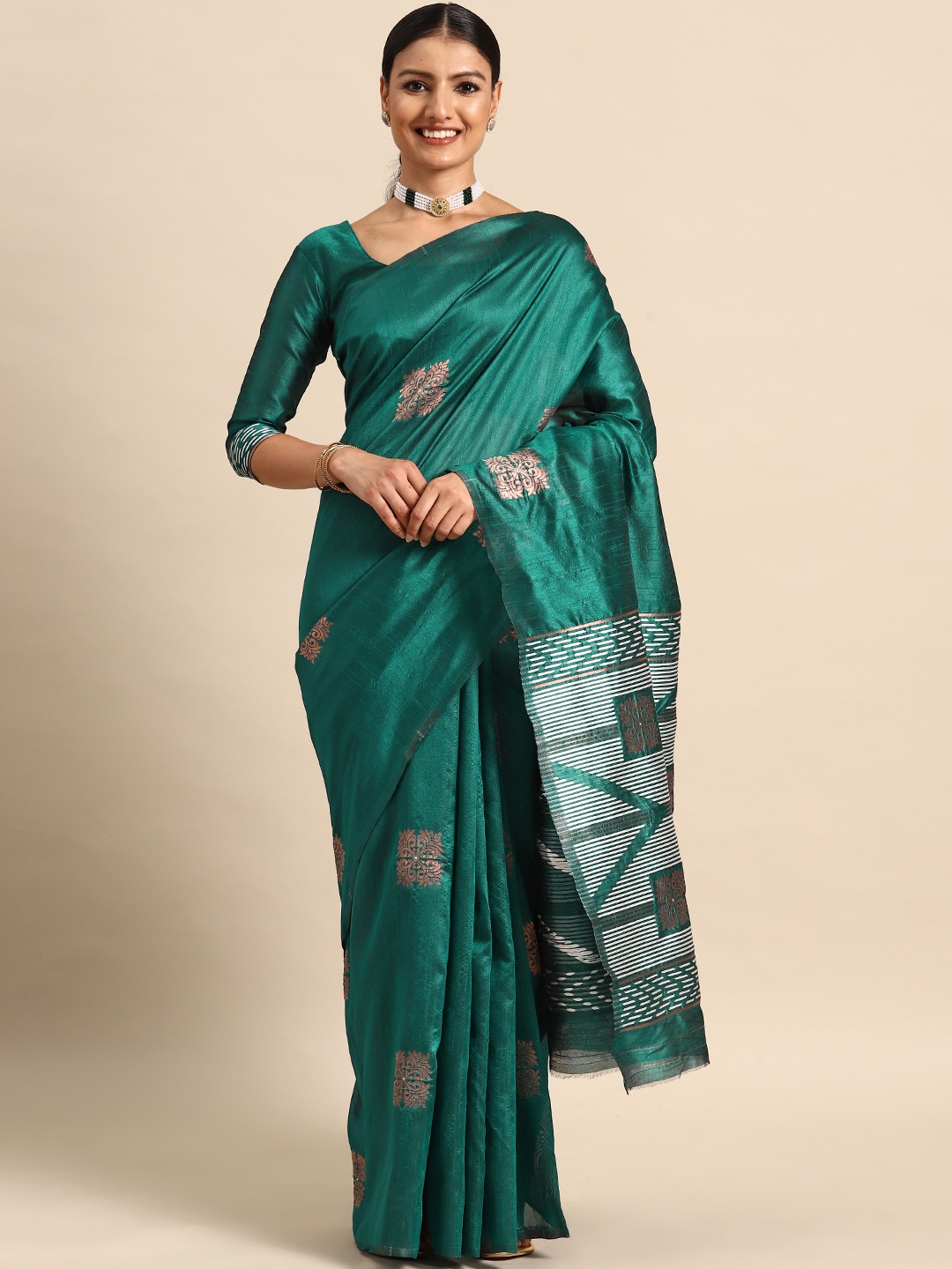 

Mitera Ethnic Motifs Zari Jamdani Saree, Teal