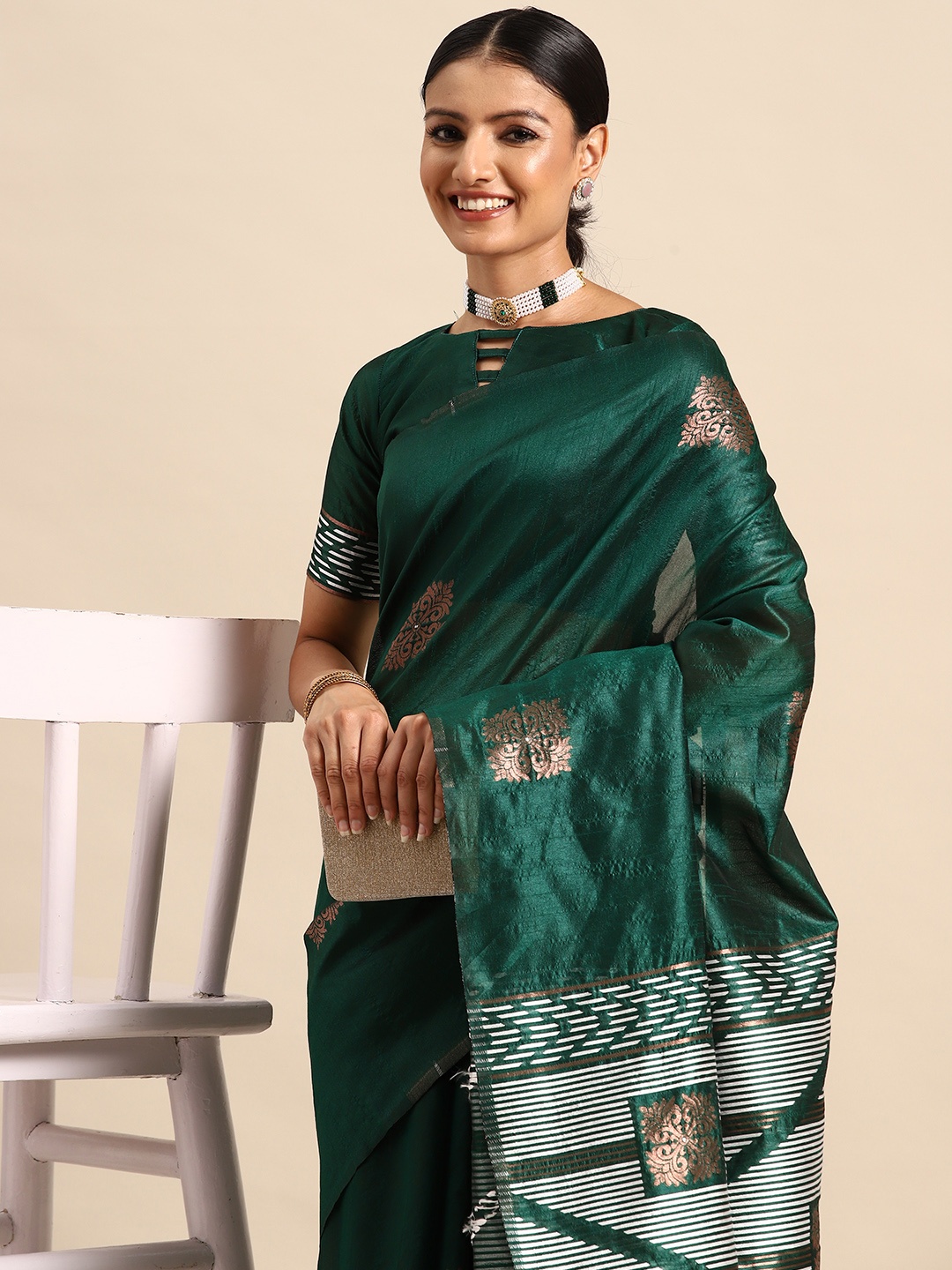 

Mitera Ethnic Motifs Zari Jamdani Saree, Teal