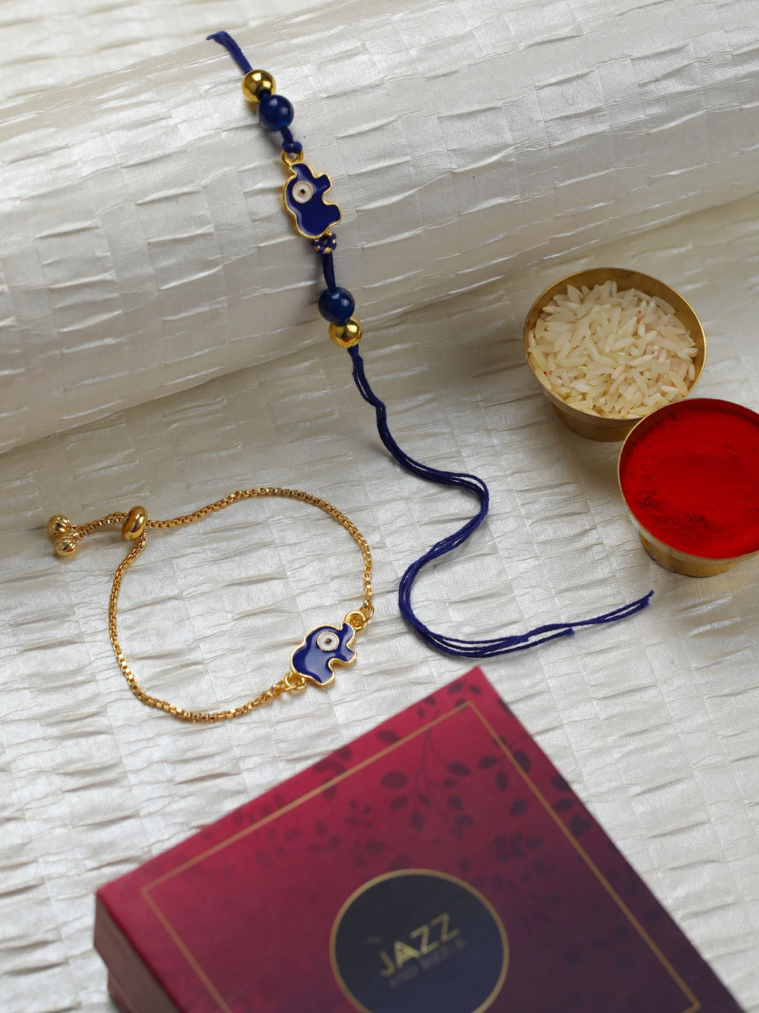 

Jazz and Sizzle Kids Set Of 2 Evil Eye & Beaded Thread Rakhis, Blue
