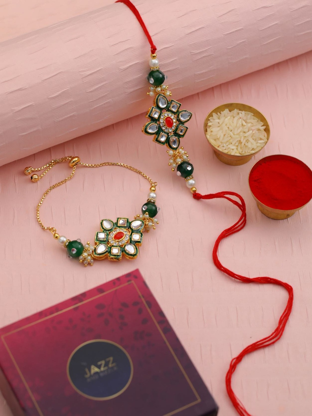 

Jazz and Sizzle Set Of 2 Kundan Studded Thread Rakhis With Roli & Chawal, Green