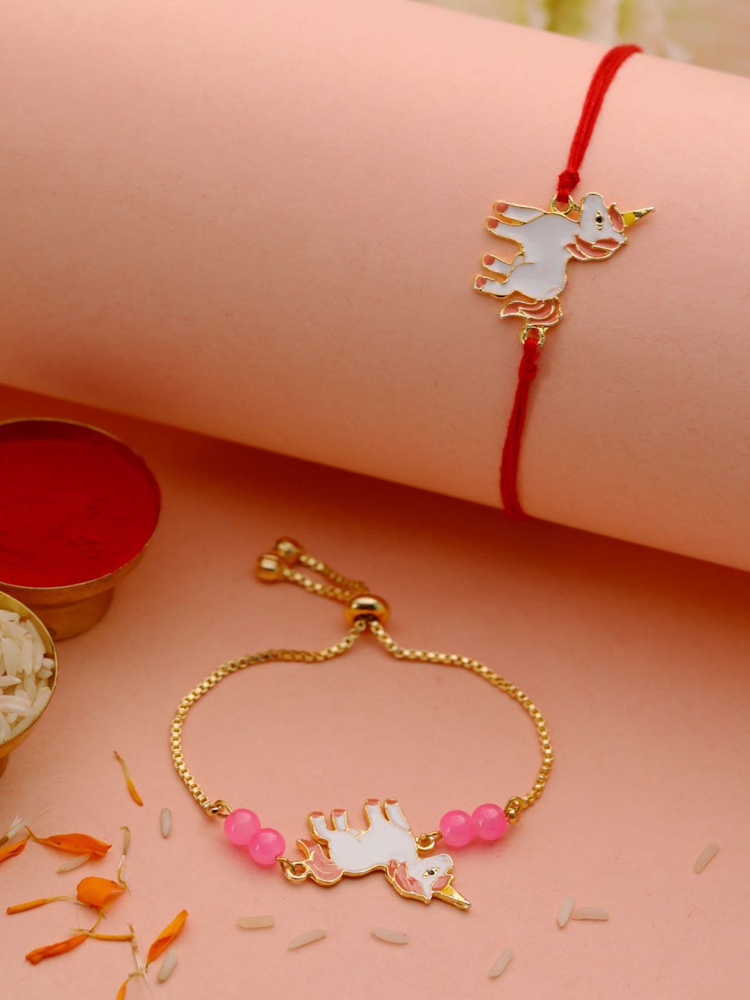 

Jazz and Sizzle Kids Set Of 2 Unicorn Charm Detail Rakhi, White