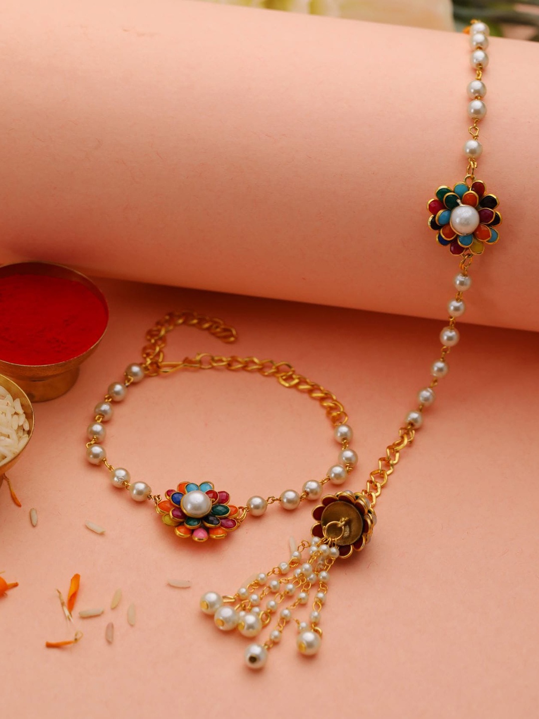 

Jazz and Sizzle Set Of 2 Meenakari & Pearls Beaded Wraparound Rakhis With Roli & Chawal, White